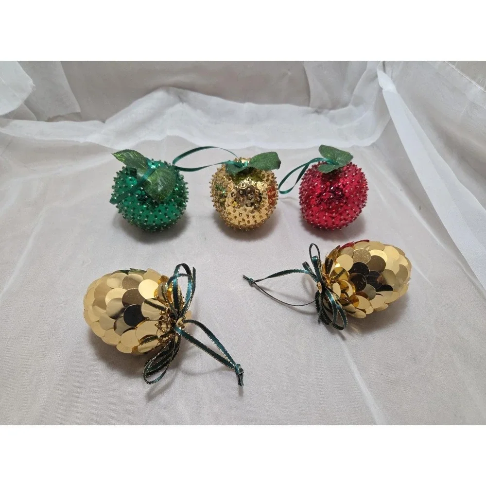 Set‎ of 5 Vintage Handmade Fruit Christmas Ornaments - Apples and Pineapples